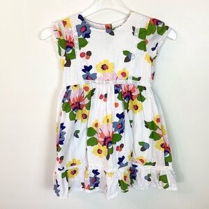 Mini Boden Short Sleeve Floral Cotton Dress with Lace Accents - White - 7-8